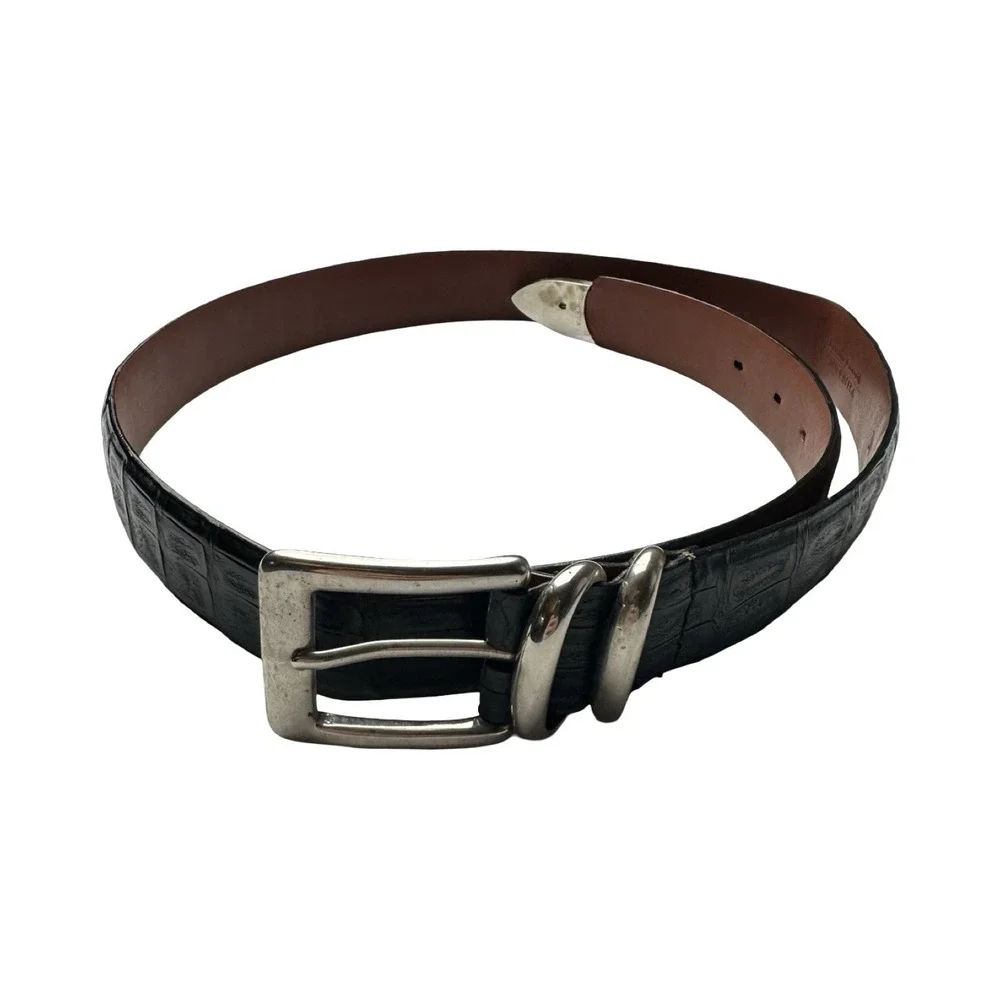 Bespoke Black Genuine Crocodile 1.25in Mens Brass Buckle Belt Size 34 NWOT USA